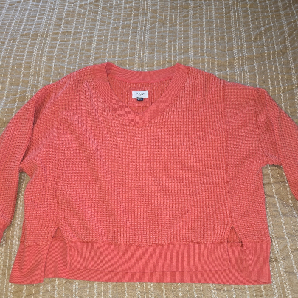 Women's American Eagle Outfitters Coral V-Neck Waffle Knit Sweater XS Oversized